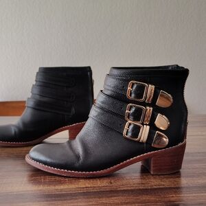 Loeffler Randall Black Heeled Boots with Gold Accents